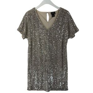 Nicole  gold Champagne Sequin Short Sleeve vneck Dress size small